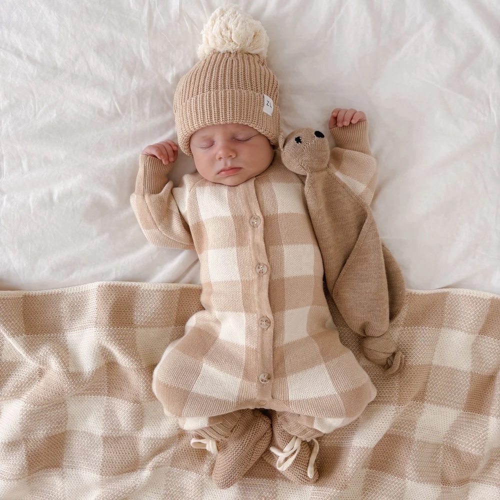 Ziggy Lou Organic Classic Knit Romper Set - Gingham (Caramel)